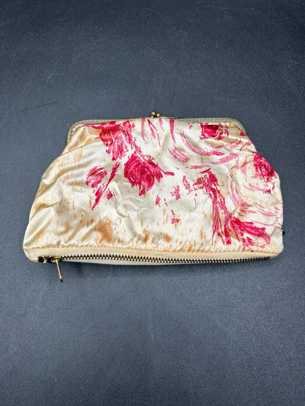 Vintage 1950's Floral Satin Kiss Lock Clutch Purse Pink Rose Print Evening Bag